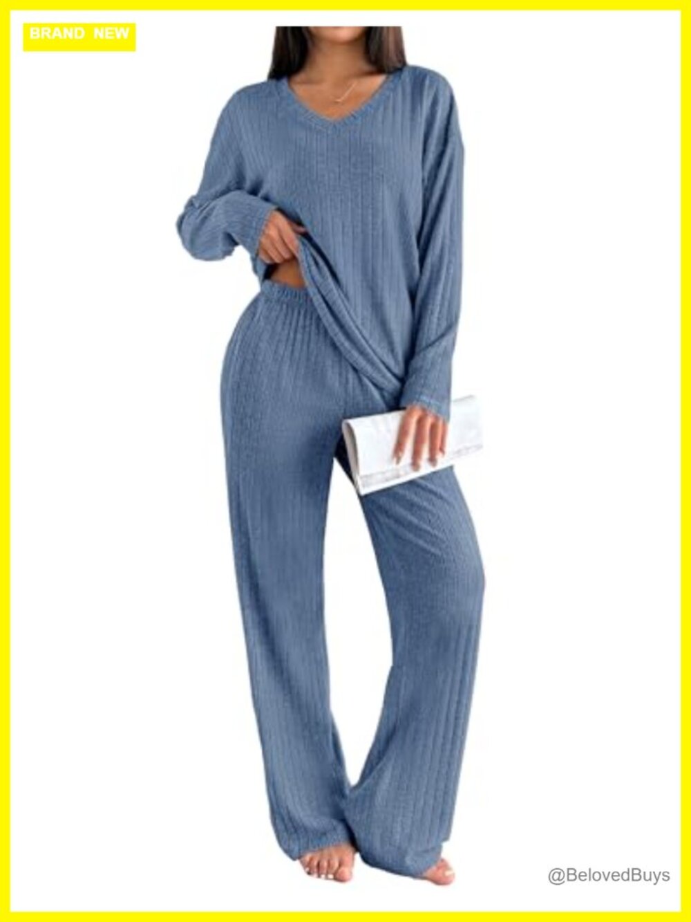 Women's 2-Piece Lounge Set Long Sleeve V-Neck Wide Leg Pants with Pockets